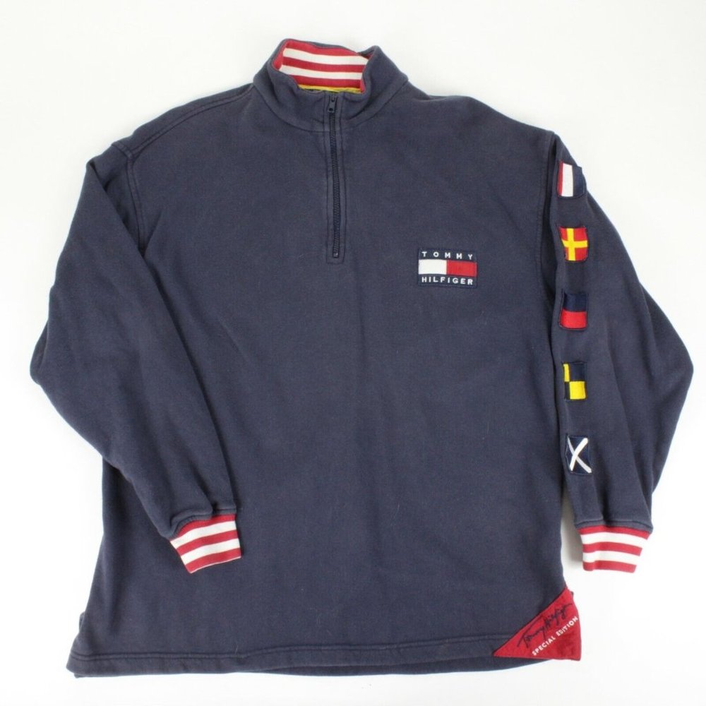 VTG Tommy Hilfiger Special Edition Quarter Zip Cotton Patch Logo Blue Mens Small